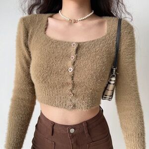 Brown Fuzzy Cropped Cardigan